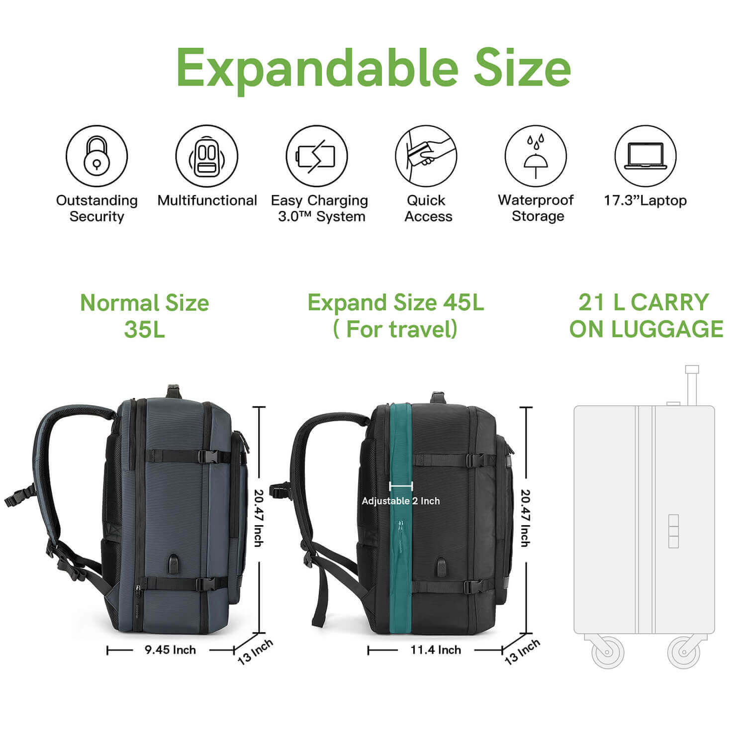 Kingsons 45L Large Capacity Travel Backpack Expand Size- ks3264-B