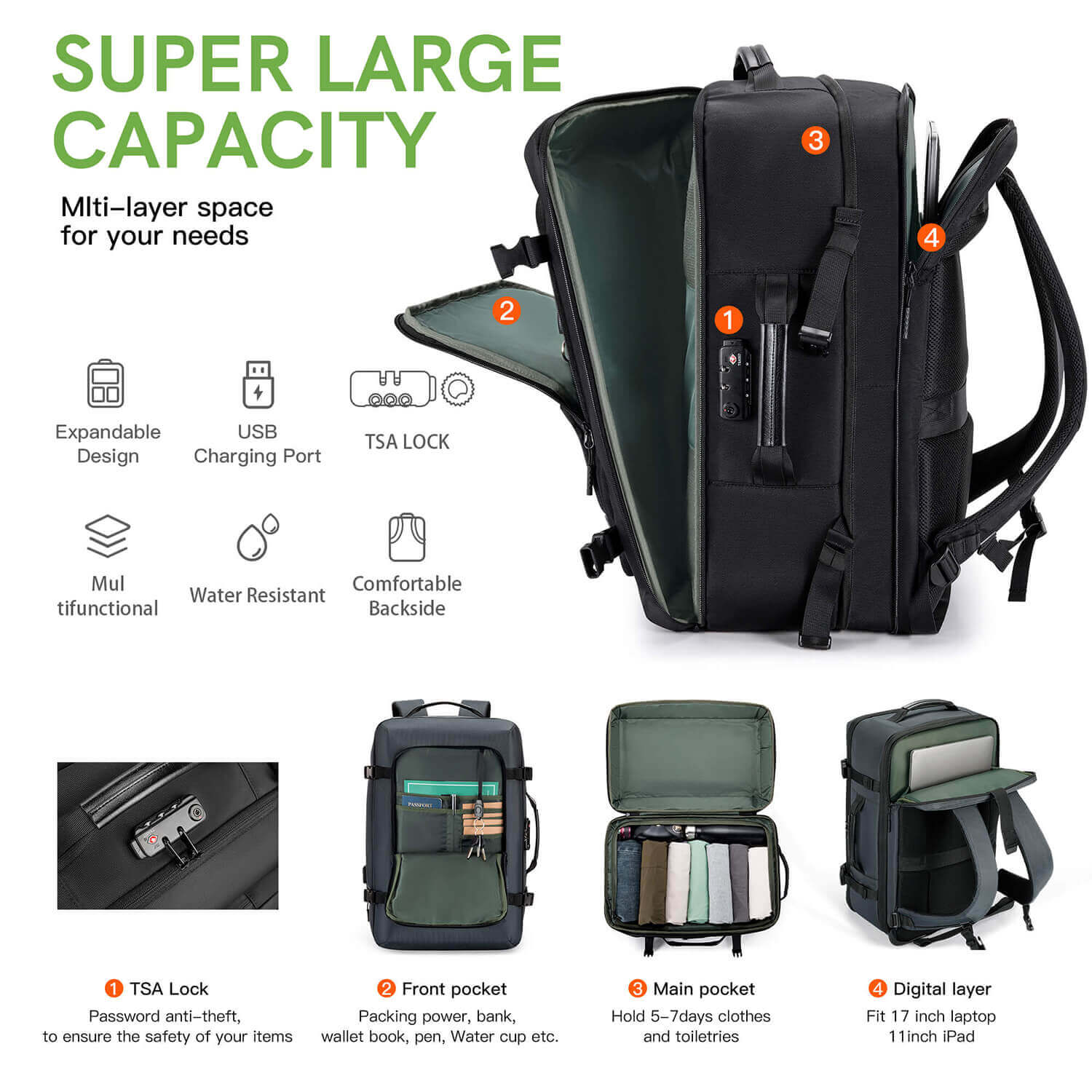 Kingsons 45L Large Capacity Travel Backpack Expand Size- ks3264-B