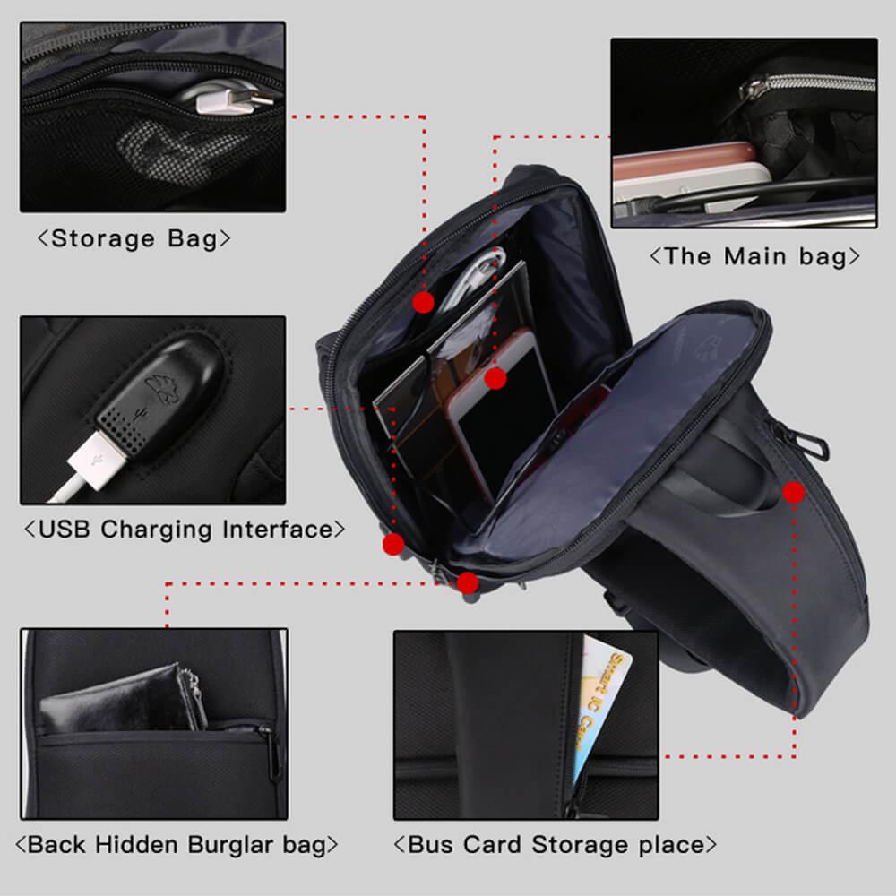 Kingsons backpack KS3174W featuring a Storage and Main Bag, USB Charger, Back Hidden Burglar Bag, and Bus Card Storage Place