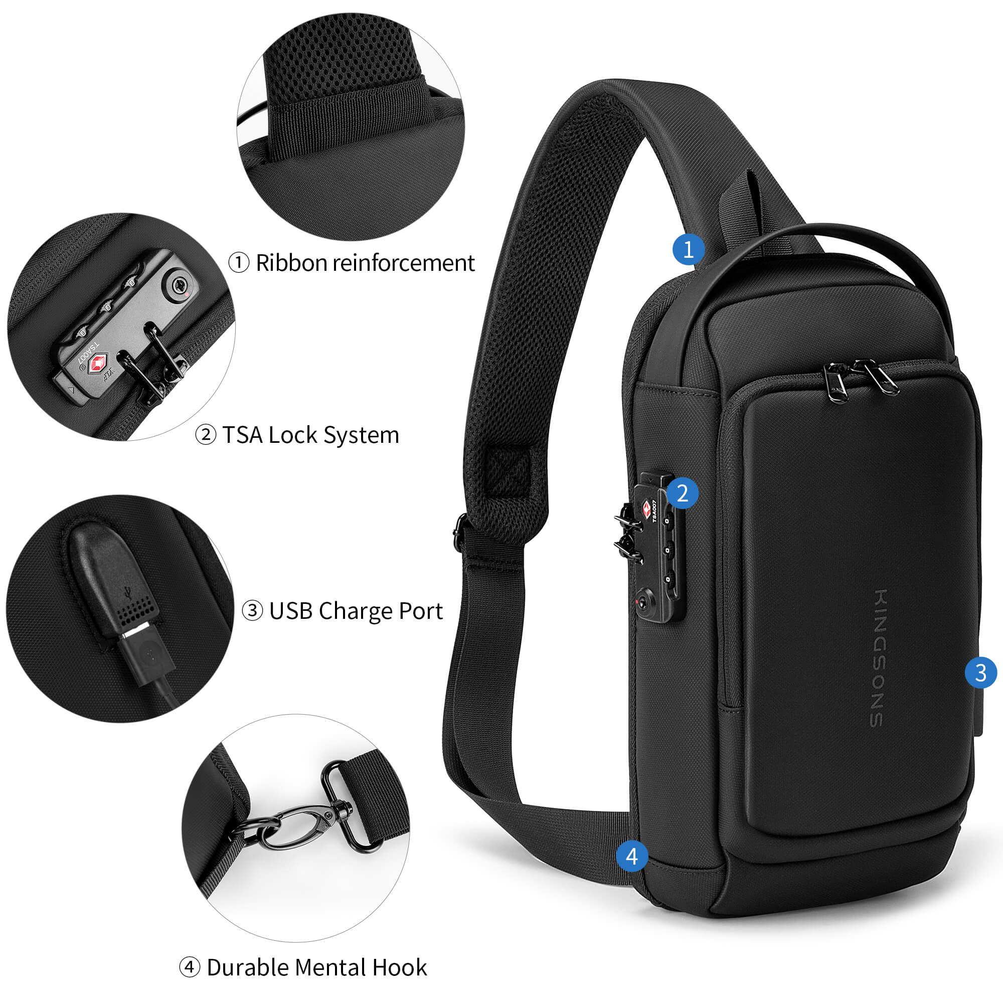 Kingsons sling bag ks3283w featuring a ribbon reinforcement, TSA lock, usb chager and durable mental hook