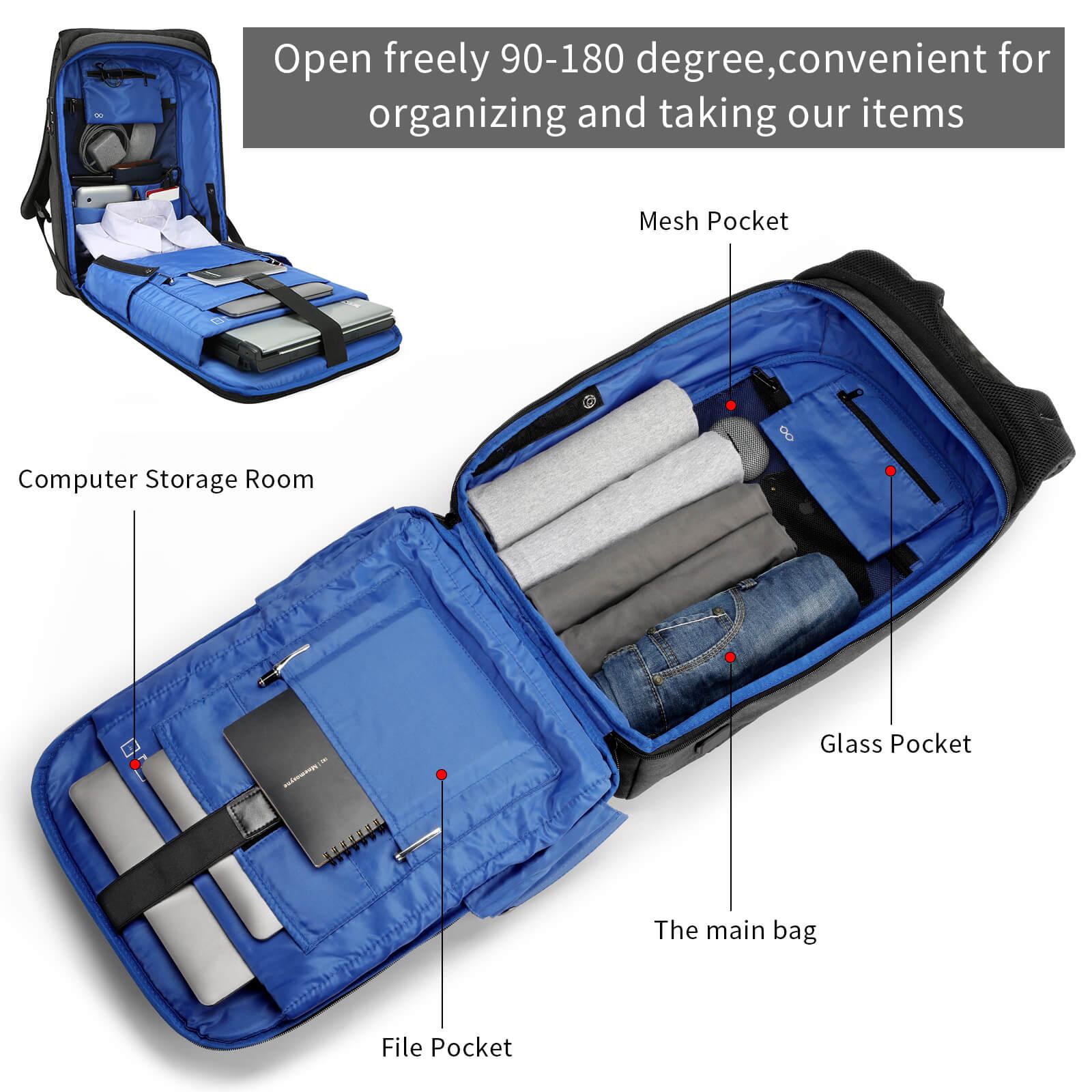 Kingsons backpack KS3149W opens freely from 90 to 180 degrees, allowing easy access and organization