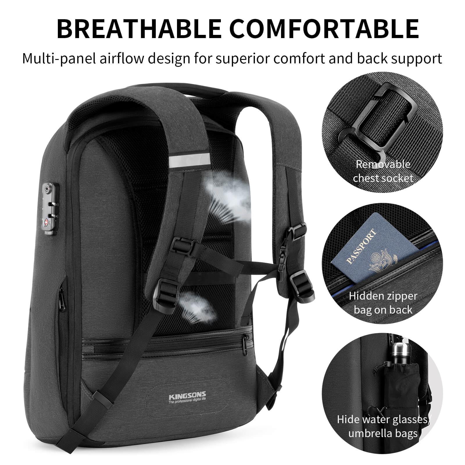 Kingsons anti-theft backpack with multi-panel airflow design for back support and hidden compartments for water bottles and umbrellas