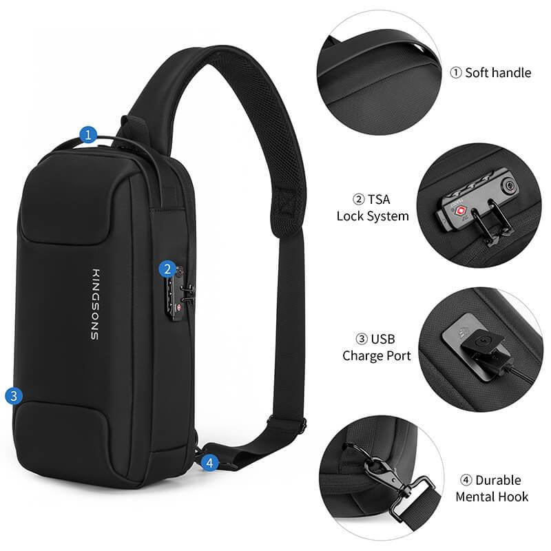 Kingsons sling bag KS3284W features a soft handle, Durable Mental Hook, USB Charge Port and TSA lock 